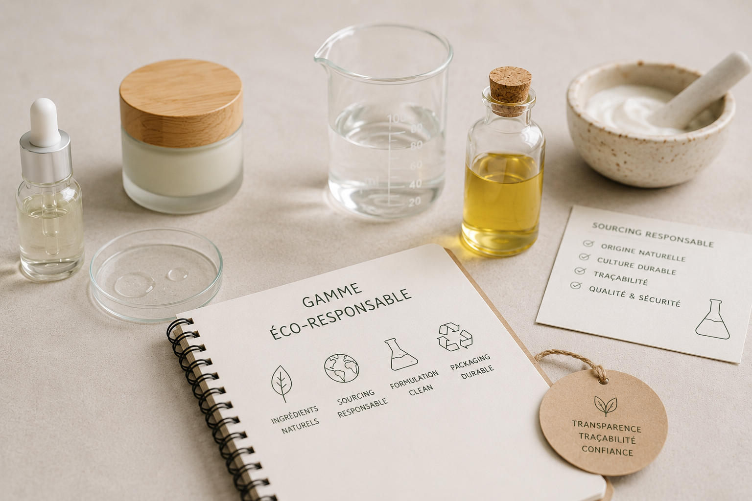 Gamme éco-responsable cosmétique : ingrédients naturels, sourcing responsable, formulation clean